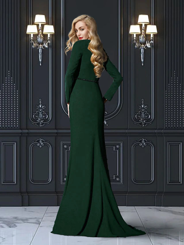 Etui-/Säulenkleid für die Brautmutter in Übergröße, elegant, mit Rundhalsausschnitt, Pinselschleppe, Chiffon, lange Ärmel mit Schärpe/Band